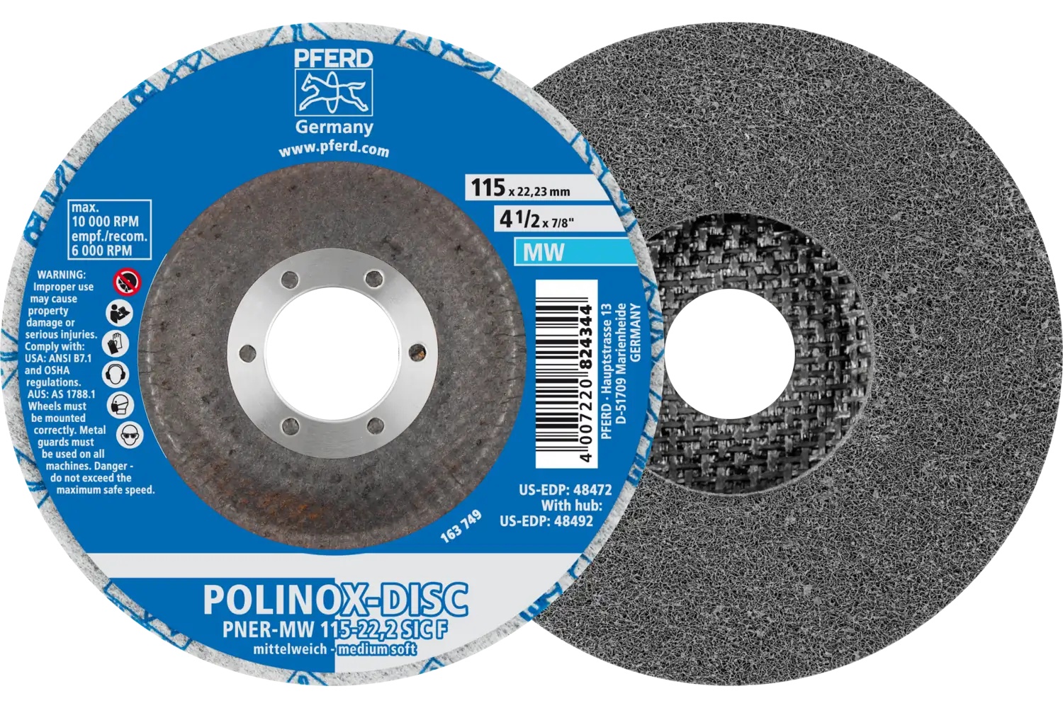 Picture of Pferd Polinox® Unitized Disc, 4-1/2" x 1/2 x 7/8, T27, Fine, Soft, 3SF, Silicon carbide
